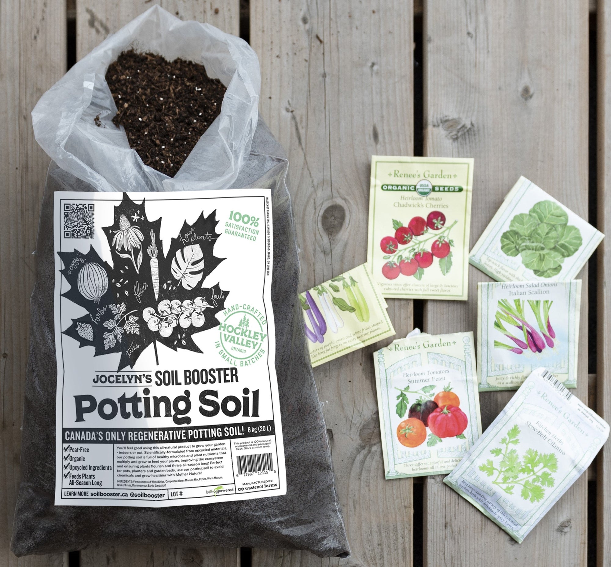 Potting soil bag with seed packets