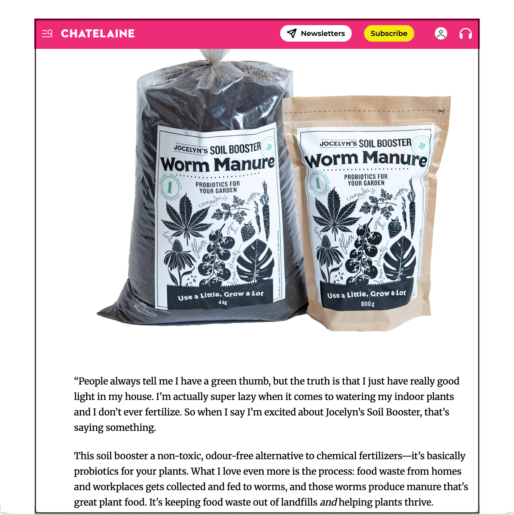 Two packages of Jocelyn's Soil Booster Worm Manure on a Chatelaine magazine cover.