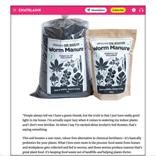 Load image into Gallery viewer, Two packages of Jocelyn's Soil Booster Worm Manure on a Chatelaine magazine cover.

