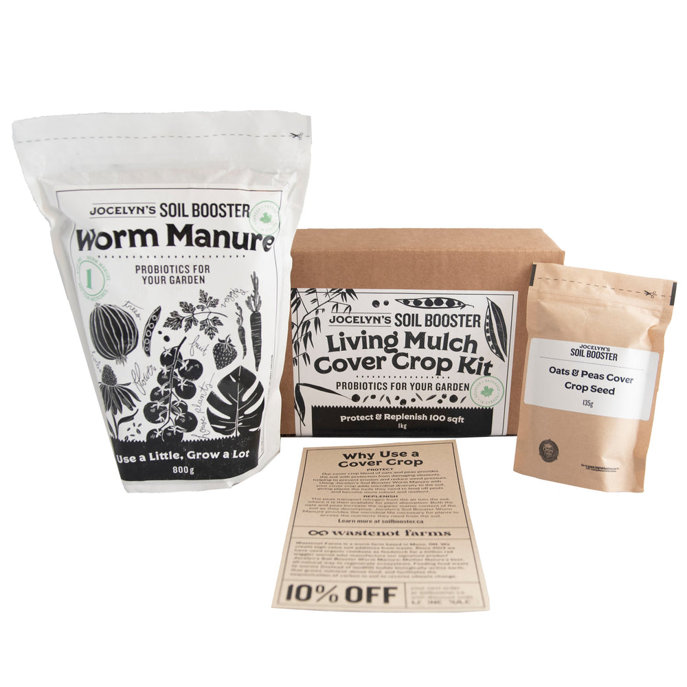 Living mulch cover crop kit box displayed with bag of worm manure, bag of seeds and instruction card