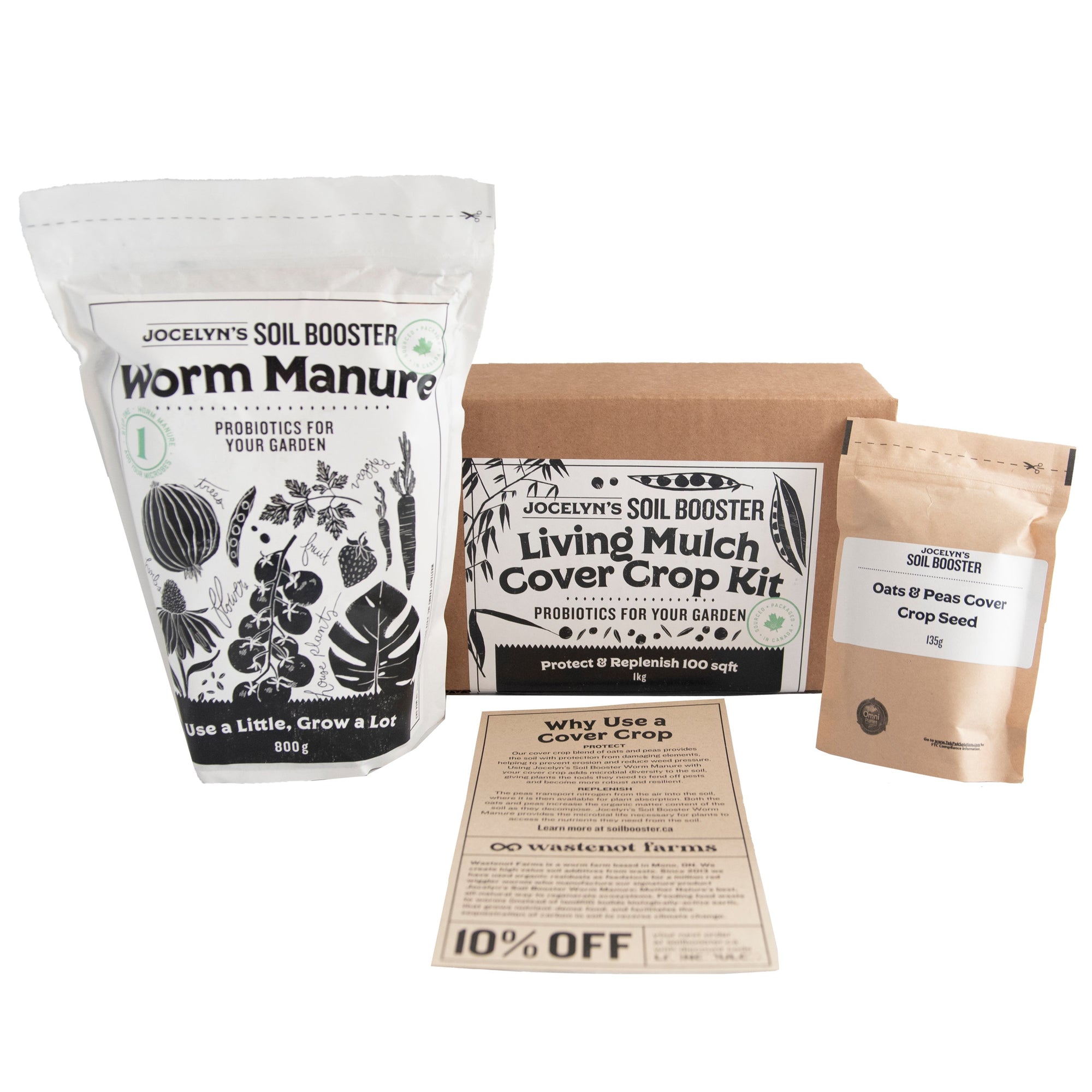 Living mulch cover crop kit box displayed with bag of worm manure, bag of seeds and instruction card